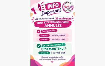 ANNULATION DES COURS du samedi 26 septembre
